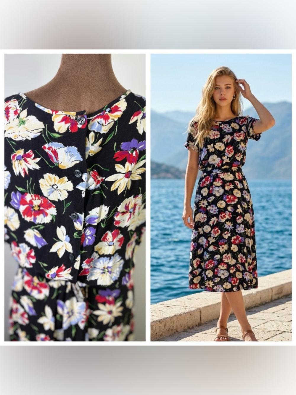Liz Claiborne Vintage Women Sz 12P floral multicolor back buttoned midi dress